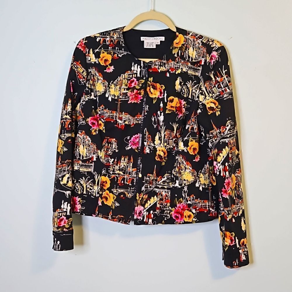 Maggy London, colorful city scape printed jacket. Size S.